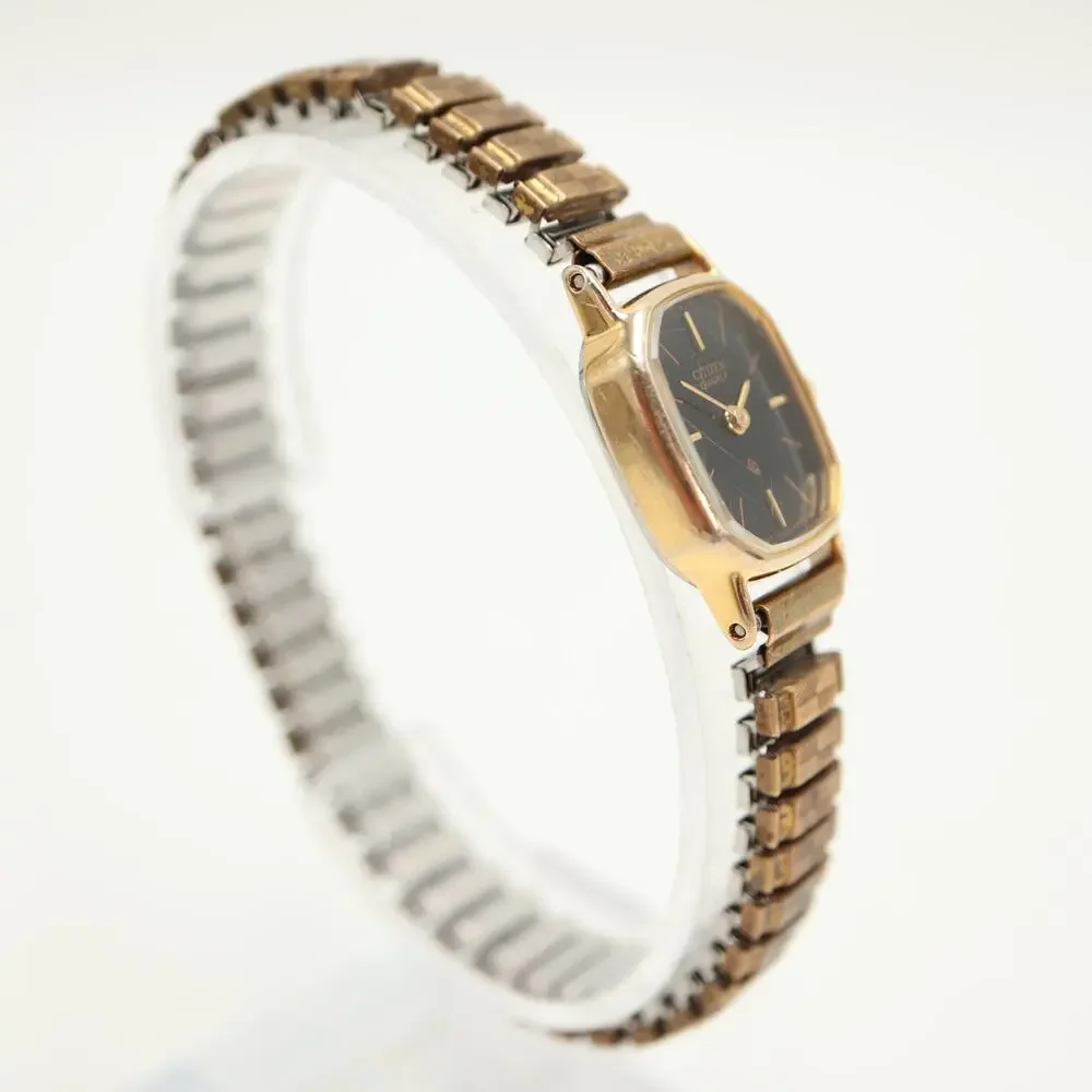 Vintage Citizen Black Gold Tone 17mm Petite Watch Metal Stretch Band New Battery